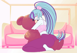 Size: 3433x2366 | Tagged: safe, artist:rileyav, imported from derpibooru, sonata dusk, human, equestria girls, ass, barefoot, butt, couch, cute, feet, female, high res, hug, sleeveless, smiling, sonata donk, sonatabetes, teddy bear