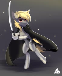 Size: 2000x2450 | Tagged: safe, artist:delta hronum, imported from derpibooru, oc, oc only, cyborg, cyborg pony, earth pony, pony, bipedal, cyber legs, high res, solo, sword, weapon