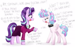 Size: 2532x1598 | Tagged: safe, artist:flutterthrash, imported from derpibooru, princess flurry heart, starlight glimmer, alicorn, pony, unicorn, choker, clothes, dialogue, duo, headmare starlight, older, older flurry heart, older starlight glimmer, princess emo heart, skirt, spiked choker, suit, teenage flurry heart, teenager