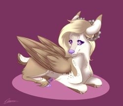 Size: 1150x994 | Tagged: safe, artist:eperyton, imported from derpibooru, oc, oc only, deer, deer pony, original species, pegadeer, peryton, cloven hooves, horns, lying down, not pony related, prone, purple background, signature, simple background, solo, wings