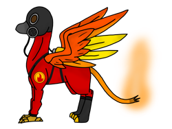 Size: 4096x3072 | Tagged: safe, artist:agdapl, imported from derpibooru, griffon, clothes, crossover, gas mask, griffonized, male, mask, pyro, simple background, smiling, solo, species swap, team fortress 2, transparent background