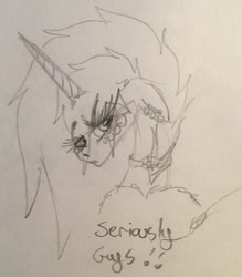 Size: 2069x2365 | Tagged: safe, artist:beamybutt, imported from derpibooru, oc, oc only, oc:moonbeam, pony, unicorn, annoyed, chains, ear piercing, eyelashes, female, floppy ears, high res, mare, piercing, signature, traditional art