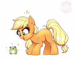 Size: 2923x2351 | Tagged: safe, artist:confetticakez, imported from derpibooru, applejack, earth pony, frog, pony, blank flank, cute, female, filly, filly applejack, freckles, frog inspector applejack, high res, jackabetes, missing cutie mark, open mouth, smiling, solo, sparkles, younger