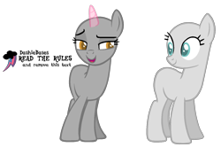 Size: 1605x1068 | Tagged: safe, artist:kingbases, imported from derpibooru, oc, earth pony, pony, unicorn, bald, base, duo, earth pony oc, female, horn, looking back, mare, simple background, smiling, transparent background, unicorn oc