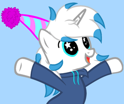 Size: 1032x864 | Tagged: safe, artist:justinallendel3, imported from derpibooru, oc, oc only, oc:justin delepaz, pony, unicorn, hat, male, party hat, simple background, solo, stallion, starry eyes, wingding eyes