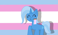 Size: 1009x609 | Tagged: safe, artist:mimisartcircus, imported from derpibooru, trixie, pony, unicorn, cute, diatrixes, eyes closed, female, headcanon, mare, mouth hold, mouthpiece, pride, pride flag, solo, trans female, trans trixie, transgender, transgender pride flag