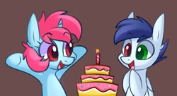 Size: 1750x953 | Tagged: safe, artist:handgunboi, imported from derpibooru, oc, oc:slipstream, oc:starfire, pegasus, pony, unicorn, cake, candle, food, happy birthday, horn, pegasus oc, unicorn oc, wings