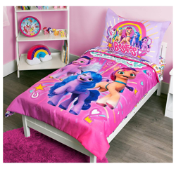 Size: 1400x1351 | Tagged: safe, imported from derpibooru, applejack, fluttershy, hitch trailblazer, izzy moonbow, pinkie pie, pipp petals, rainbow dash, rarity, sunny starscout, twilight sparkle, zipp storm, earth pony, pegasus, pony, unicorn, bed, bedsheets, clock, female, g5, irl, male, mane five (g5), mane six, mare, my little pony: a new generation, official, photo, pillow, pillowcase, stallion