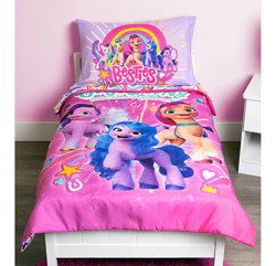 Size: 1400x1352 | Tagged: safe, imported from derpibooru, hitch trailblazer, izzy moonbow, pipp petals, sunny starscout, zipp storm, earth pony, pegasus, pony, unicorn, bed, bedsheets, female, g5, green eyes, irl, male, mane five (g5), mare, my little pony: a new generation, official, photo, pillow, pillowcase, stallion