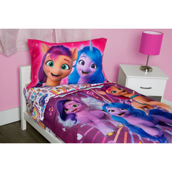Size: 1400x1400 | Tagged: safe, imported from derpibooru, hitch trailblazer, izzy moonbow, pipp petals, sunny starscout, zipp storm, earth pony, pony, unicorn, bed, bedsheets, female, g5, green eyes, irl, male, mane five (g5), mare, my little pony: a new generation, official, photo, pillow, pillowcase, stallion
