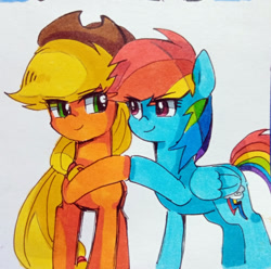 Size: 500x495 | Tagged: artist needed, source needed, safe, artist:juex, imported from derpibooru, applejack, rainbow dash, earth pony, pegasus, pony, appledash, female, hoofbump, lesbian, shipping, traditional art