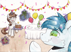 Size: 3340x2476 | Tagged: safe, artist:lightisanasshole, imported from derpibooru, oc, oc:dorm, oc:dorm pony, oc:slipstream, pegasus, pony, unicorn, balloon, birthday, birthday cake, bottle, cake, candle, confetti, food, gift box, gift giving, hat, high res, horn, party, party hat, pegasus oc, plate, plates, present, table, unicorn oc, wavy mouth, wine bottle, wings