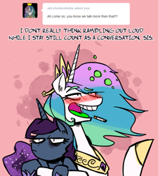 Size: 765x851 | Tagged: safe, artist:herny, imported from derpibooru, princess celestia, princess luna, alicorn, pony, luna-afterdark, annoyed, ask, blushing, cigarette, dialogue, drunk, drunk bubbles, drunk celestia, duo, duo female, eyebrows, eyebrows visible through hair, female, females only, open mouth, pink background, royal sisters, siblings, simple background, sisters, talking, text, tumblr, unamused