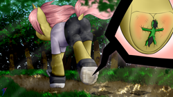 Size: 2560x1440 | Tagged: safe, artist:darky_wings, imported from derpibooru, oc, oc only, oc:anon, earth pony, pony, unicorn, art trade, clothes, forest background, grass, hoofprints, insole, macro, micro, not fluttershy, running, shoes, underhoof