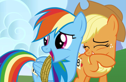 Size: 1605x1045 | Tagged: safe, imported from derpibooru, screencap, applejack, rainbow dash, earth pony, pegasus, pony, fall weather friends, season 1, cropped, eyes closed, female, mare, open mouth, rainbow douche