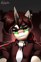 Size: 2000x3000 | Tagged: safe, artist:jedayskayvoker, imported from derpibooru, oc, oc only, oc:bad company, pony, unicorn, blurry background, bust, clothes, colored, colored sketch, ear piercing, earring, full color, high res, horn, icon, jewelry, looking at you, piercing, portrait, sketch, unicorn oc