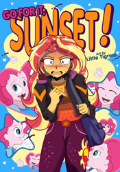 Size: 2000x2850 | Tagged: safe, artist:littletigressda, imported from derpibooru, pinkie pie, sunset shimmer, equestria girls, equestria girls series, sunset's backstage pass!, spoiler:eqg series (season 2), blushing, female, go for it nakamura!!, high res, lesbian, music festival outfit, shipping, sunsetpie, sweat