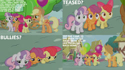 Size: 1280x720 | Tagged: safe, edit, edited screencap, editor:quoterific, imported from derpibooru, screencap, apple bloom, applejack, scootaloo, sweetie belle, earth pony, pegasus, pony, unicorn, one bad apple, season 3, apple bloom's bow, applejack's hat, balloon, bow, cowboy hat, cutie mark crusaders, female, filly, hair bow, hat, implied babs seed, mare, open mouth