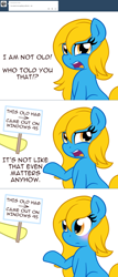 Size: 1280x2979 | Tagged: safe, artist:furrgroup, imported from derpibooru, oc, oc only, oc:internet explorer, earth pony, pony, ask internet explorer, blushing, browser ponies, female, internet explorer, mare, sign, solo