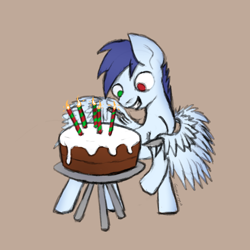 Size: 2048x2048 | Tagged: safe, artist:gangrene, imported from derpibooru, oc, oc only, oc:slipstream, pegasus, pony, cake, candle, food, fork, high res, knife, simple background, sketch, solo, standing, wing hands, wing hold, wings