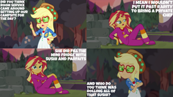 Size: 1280x720 | Tagged: safe, edit, edited screencap, editor:quoterific, imported from derpibooru, screencap, applejack, sunset shimmer, equestria girls, equestria girls series, wake up!, spoiler:eqg series (season 2), clothes, crossed arms, duo, duo female, female, music, open mouth, pajamas, smiling, wake up!: applejack