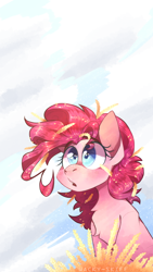 Size: 1080x1920 | Tagged: safe, artist:wacky-skiff, imported from derpibooru, pinkie pie, earth pony, pony, :o, cloud, crops, cute, diapinkes, female, food, mare, messy mane, oats, open mouth, shrunken pupils, sky, solo, wide eyes