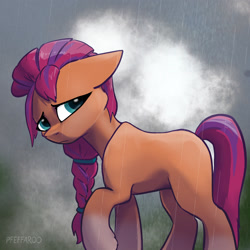 Size: 2048x2048 | Tagged: safe, artist:pfeffaroo, imported from derpibooru, sunny starscout, earth pony, pony, blank flank, braid, cloud, coat markings, female, floppy ears, g5, high res, mare, rain, raised hoof, sad, socks (coat markings), solo