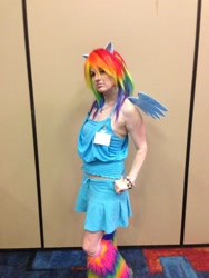 Size: 960x1280 | Tagged: safe, artist:rina-chan, imported from derpibooru, rainbow dash, human, bracelet, brony fan fair, brony fan fair 2013, clothes, cosplay, costume, irl, irl human, jewelry, kira buckland, photo, sleeveless, tumblr