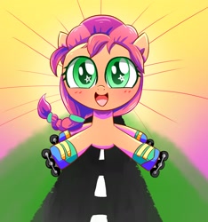 Size: 2552x2728 | Tagged: safe, artist:ce2438, imported from derpibooru, sunny starscout, earth pony, pony, blushing, braid, cute, female, g5, high res, looking at you, open mouth, roller skates, solo, starry eyes, sunnybetes, wingding eyes