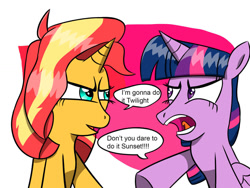 Size: 1032x774 | Tagged: safe, artist:twi clown, imported from derpibooru, sunset shimmer, twilight sparkle, alicorn, pony, unicorn, argument, context is for the weak, dialogue, duo, female, mare, out of context, speech bubble, text, twilight sparkle (alicorn)