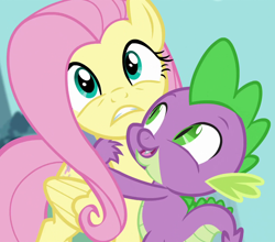 Size: 1230x1080 | Tagged: safe, imported from derpibooru, screencap, fluttershy, spike, dragon, pegasus, pony, it ain't easy being breezies, season 4, female, hug, male, mare