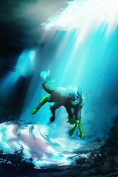 Size: 1000x1500 | Tagged: safe, artist:neonlight115, imported from derpibooru, oc, oc only, fish, merpony, blue mane, bubble, crepuscular rays, diving, fins, ocean, seaweed, solo, sunlight, swimming, tail, underwater, water