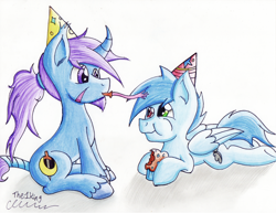 Size: 2184x1690 | Tagged: safe, artist:the1king, imported from derpibooru, oc, oc only, oc:azure night, oc:slipstream, birthday, duo, eating, food, hat, muffin, noisemaker, party hat