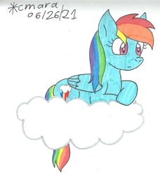 Size: 954x1047 | Tagged: safe, artist:cmara, imported from derpibooru, rainbow dash, pegasus, pony, cloud, female, lying down, mare, prone, simple background, solo, traditional art, white background