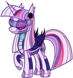Size: 5247x5613 | Tagged: safe, artist:severity-gray, imported from derpibooru, twilight sparkle, alicorn, pony, robot, robot pony, absurd resolution, accessories, accessory, alternate hairstyle, armor, clothes, cutie mark, female, frown, glow, glowing, glowing eyes, goggles, jewelry, latex, looking at you, mare, necklace, not amused face, raised hoof, roboticization, rubber, simple background, solo, transparent background, twibot, twilight sparkle (alicorn), unamused, vector, visor, wings