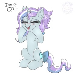 Size: 2134x2149 | Tagged: safe, artist:confetticakez, imported from derpibooru, oc, oc only, pony, unicorn, bow, dialogue, eyes closed, happy, high res, open mouth, qt, smiling, solo, tail bow