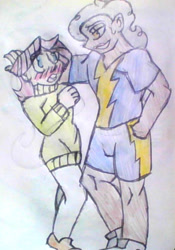 Size: 1500x2143 | Tagged: safe, artist:midday sun, imported from derpibooru, fluttershy, silver lining, silver zoom, human, blushing, blushing profusely, butterscotch, clothes, crack shipping, football, half r63 shipping, hand in pocket, humanized, kabedon, rule 63, shipping, shirt, shoes, shorts, silverscotch, sports, sweater, tights, traditional art, uniform, wonderbolts, wonderbolts uniform