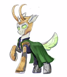 Size: 3500x4000 | Tagged: safe, artist:confetticakez, imported from derpibooru, oc, oc only, oc:copycat, changedling, changeling, pony, armor, cape, clothes, cosplay, costume, helmet, horns, loki, looking at you, marvel, sketch, smiling, solo