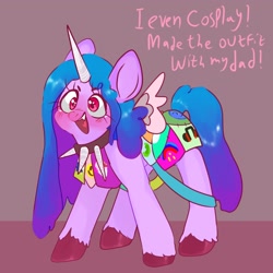 Size: 2048x2048 | Tagged: dead source, safe, artist:axollady, artist:axollungz, imported from derpibooru, izzy moonbow, pony, unicorn, fanfic:cupcakes, blushing, clothes, collar, cosplay, costume, creepypasta, cutie mark dress, dialogue, fake wings, female, g5, heart tongue, high res, hilarious in hindsight, horn, horn necklace, mare, open mouth, severed horn, solo, spiked collar, the new pinkie pie, unshorn fetlocks