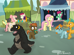 Size: 2732x2048 | Tagged: safe, artist:lordshrekzilla20, imported from derpibooru, button mash, fluttershy, roseluck, snails, snips, butterfly, earth pony, kaiju, pegasus, unicorn, fanfic:godzilla, baby godzilla, chase, exclamation point, fanfic art, godzilla, godzilla (series), high res, market, ponyville