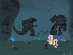 Size: 4032x3024 | Tagged: safe, artist:lordshrekzilla20, imported from derpibooru, fluttershy, kaiju, baby godzilla, cave, cave painting, godzilla, godzilla (series), mothra, muto, muto prime, rodan