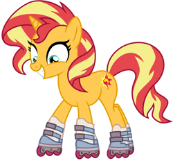 Size: 1024x961 | Tagged: safe, artist:emeraldblast63, imported from derpibooru, sunset shimmer, pony, unicorn, grin, happy, implied sunny starscout, name joke, roller skates, simple background, smiling, solo, transparent background