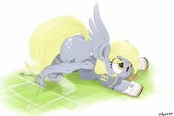 Size: 3000x2000 | Tagged: safe, artist:ponerino, imported from derpibooru, derpy hooves, pegasus, pony, 4chan cup, colored, cute, derpabetes, digital art, face down ass up, football, giant pony, high res, macro, safest hooves, soccer field, soccer shoes, sports