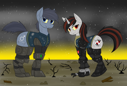 Size: 3000x2049 | Tagged: safe, artist:rorrek, derpibooru exclusive, imported from derpibooru, oc, oc:blackjack, oc:p-21, cyborg, earth pony, pony, unicorn, fallout equestria, fallout equestria: project horizons, amputee, augmented, cybernetic legs, fanfic art, female, high res, injured, male, post-apocalyptic, red and black mane, scar, wasteland