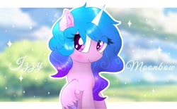 Size: 2000x1240 | Tagged: safe, artist:jadebreeze115, imported from derpibooru, izzy moonbow, pony, unicorn, blushing, cloud, cute, ear fluff, eyelashes, female, g5, izzybetes, mare, raised hoof, sky, smiling, solo, sparkles, staring at you, text, tree, unshorn fetlocks