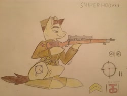 Size: 4032x3024 | Tagged: safe, artist:steelepone, imported from derpibooru, oc, oc:sniper hooves, earth pony, clothes, colored, gun, reference sheet, rifle, sniper rifle, traditional art, uniform, weapon, world war i