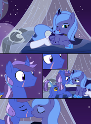 Size: 2500x3400 | Tagged: safe, artist:jelisicli, imported from derpibooru, princess luna, oc, oc:azure night, alicorn, pony, unicorn, azuna, bed, canon x oc, clothes, comic, commission, curved horn, female, filly, foal, high res, horn, kissing, male, socks, stallion, unicorn oc, woona, ych result, younger