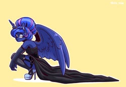 Size: 2048x1423 | Tagged: safe, artist:lrusu, imported from derpibooru, princess luna, alicorn, anthro, plantigrade anthro, alternate hairstyle, beautiful, clothes, cute, dress, ear piercing, earring, evening gloves, garter, gloves, goth, high heels, jewelry, lidded eyes, long gloves, looking back, lunabetes, partially open wings, piercing, platform heels, platform shoes, shoes, socks, solo, spread wings, squatting, stockings, thigh highs, unamused, wings