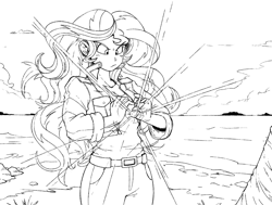 Size: 1254x946 | Tagged: safe, artist:reiduran, imported from derpibooru, sunset shimmer, human, equestria girls, belt, breasts, cleavage, clothes, dragon ball, dragon ball z, focus, focused, humanized, jacket, ki, magic, monochrome, pants, shirt, solo