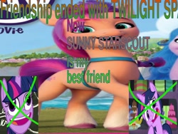 Size: 800x600 | Tagged: safe, editor:pony-berserker, imported from derpibooru, izzy moonbow, sunny starscout, twilight sparkle, drama, faic, friendship ended with, g5, meme, op is a duck, op is trying to start shit so badly that it's kinda funny, pudding face